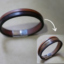 Two-tone men's leather bracelet with hidden engraved message