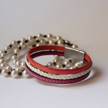 White and Coral multi-leather braided cuff bracelet