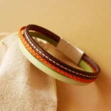 Multi-leather cuff bracelet Almond, braided Orange and stitched Bordeaux