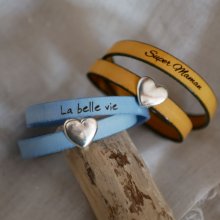 Double leather bracelet with silver heart design, possibility to engrave your words