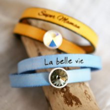 Leather bracelet woman double turns to be personalized decorated with a Swarovski crystal cabochon 