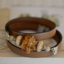 Leather and Pearl bracelet lampwork triple turns to customize 