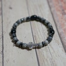 Men's cross bracelet with hematite and grey beads