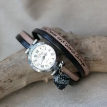 Double leather watch with obsidian stone heart colors to customize 