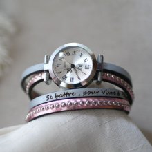 Watch with double pink metallic leather strap to personalize 
