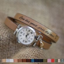 Leather bracelet watch 2 turns customizable with silver dial