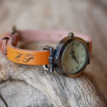 Leather bracelet watch with engraved initials
