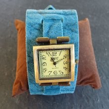 Square watch with blue leather cuff