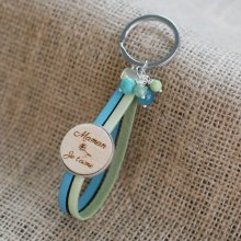 Double leather key ring and personalized wooden cabochon