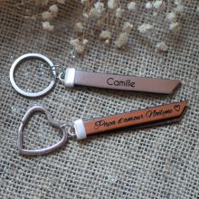 Double flat leather key ring to personalize with a name phone message